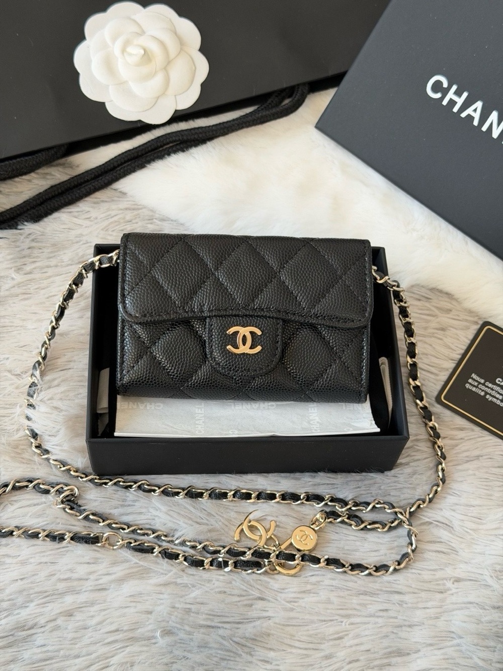 CHANEL Black Quilted CC Chain Wallet with Gold Hardware